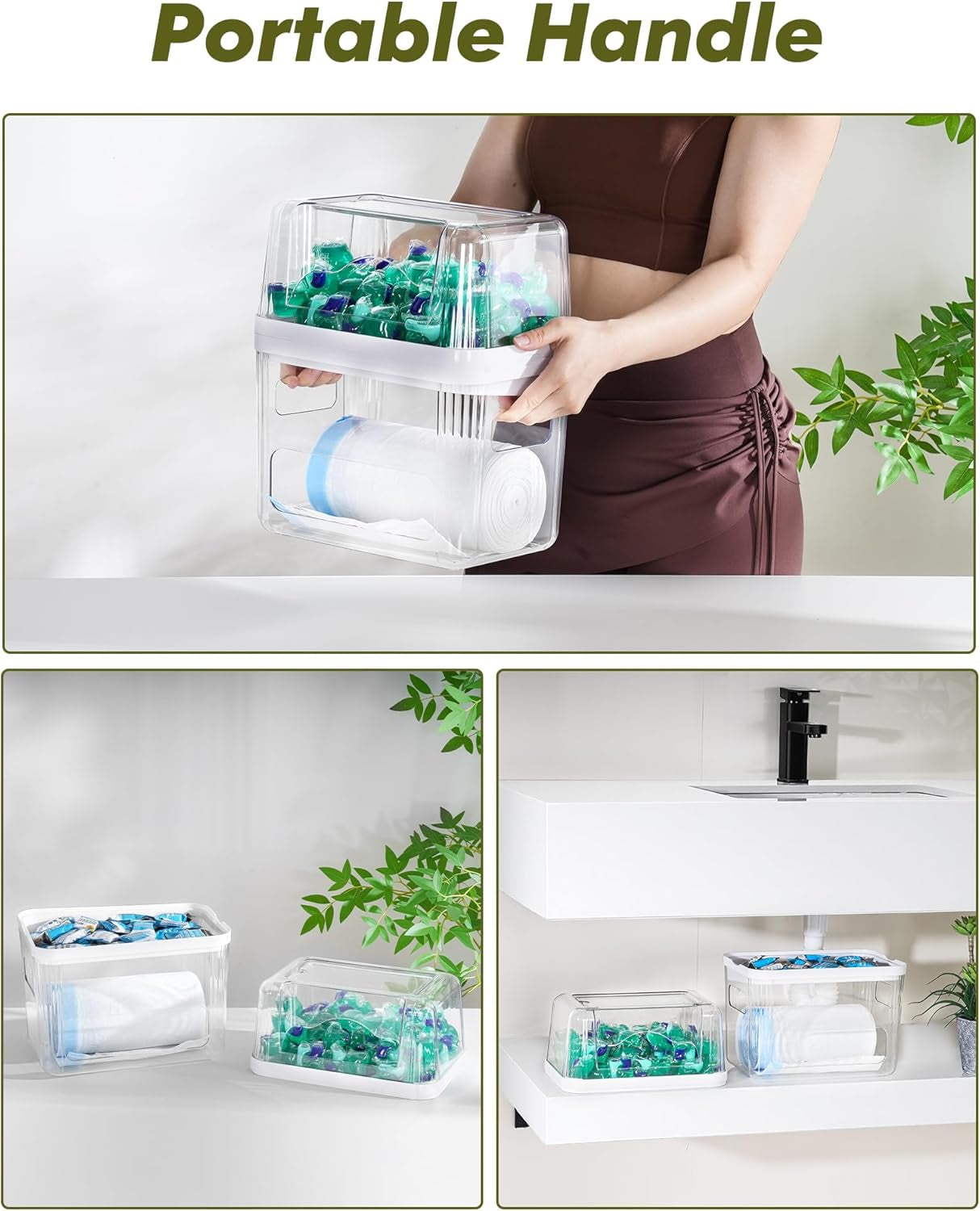 Trash Bag and Dishwasher Pod Dispenser - 3 in 1 Clear Storage Bins Holder for 13/30/33 Gallon Garbage Bags, Laundry Detergent Pods & Tabs, under Sink Organizer for Kitchen and Laundry Room
