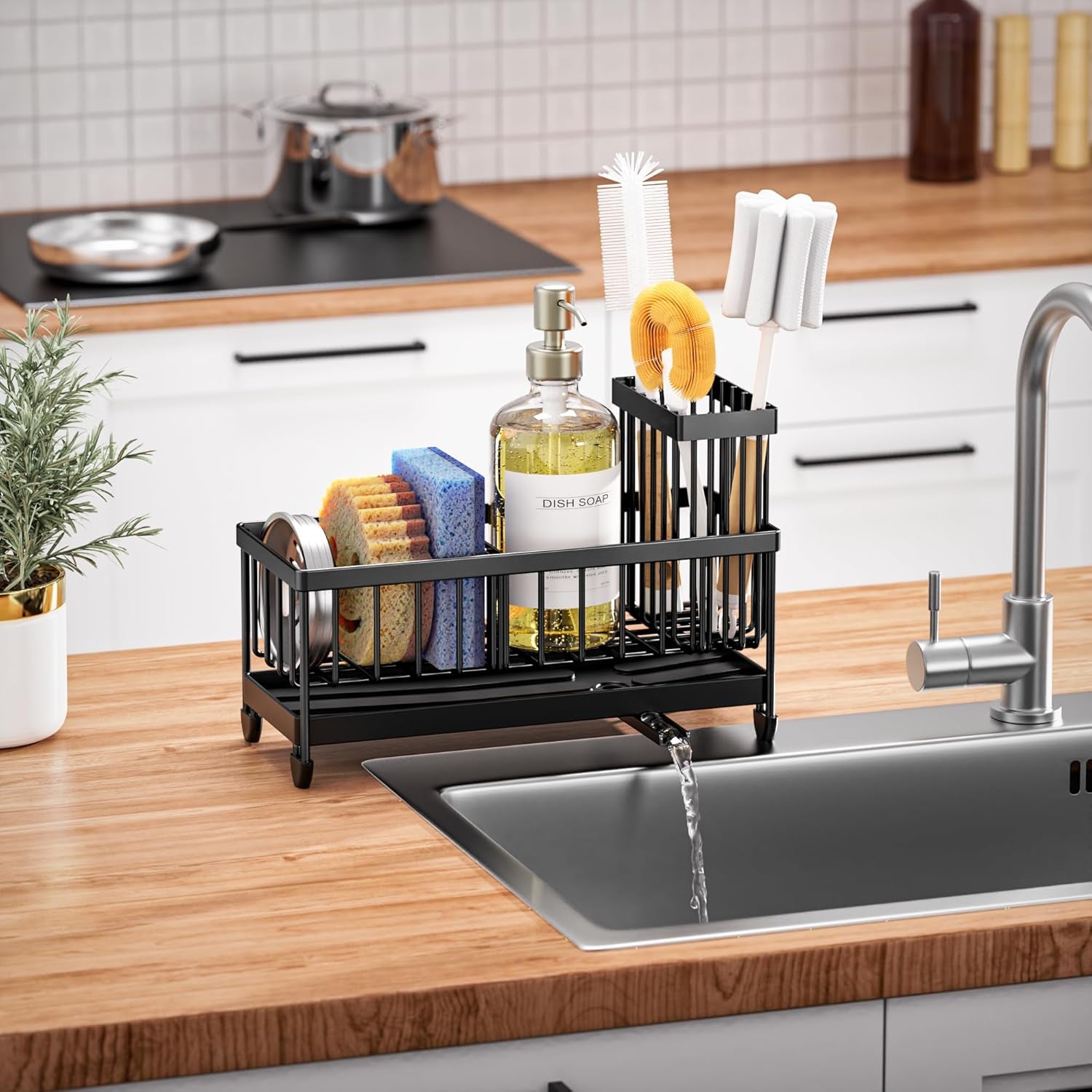 Sponge Holder for Kitchen Sink, Sink Caddy Organizer with High Brush Holder, Kitchen Countertop Organizers and Storage Essentials, Rustproof 304 Stainless Steel (Black, 9.25″)