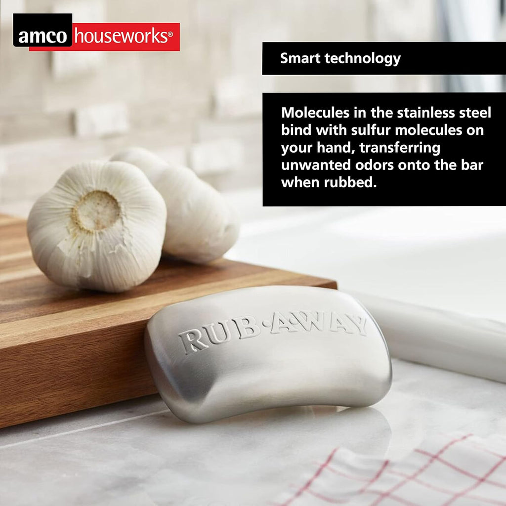 Rub-A-Way Bar, Stainless Steel Odor Absorber (4" X 2.25") - Dishwasher Safe Kitchen & Outdoor Essential for Garlic, Onion, Fishing, Hiking Odors - Natural Odor Remover