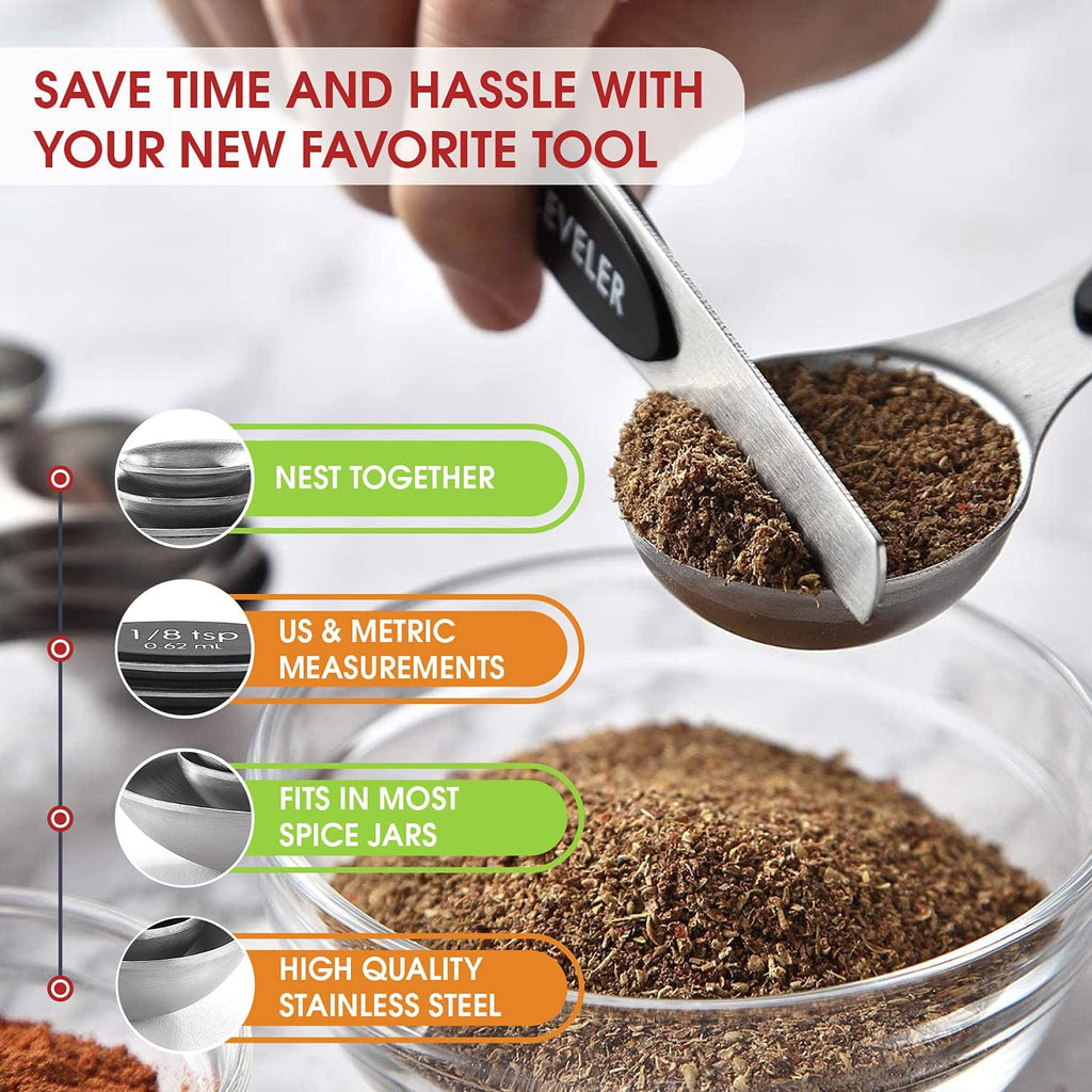 Stainless Steel Magnetic Measuring Spoons Set with Strong N45 Magnets, Heavy Duty Metal Kitchen Gadgets for Baking & Cooking, Fits in Most Kitchen Spice Jars, Set of 8 with Leveler, Black