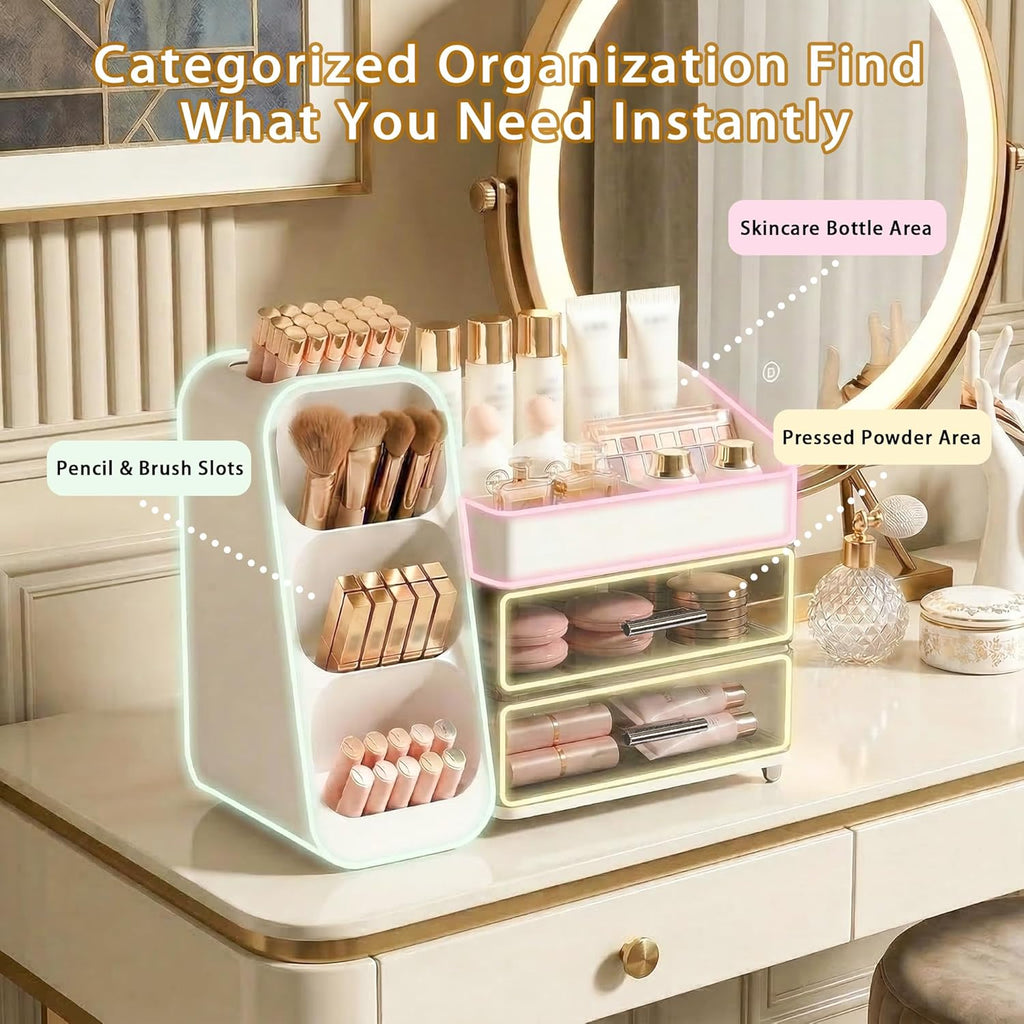 Large Capacity Makeup Organizer Countertop with Makeup Brush Holder for Vanity, Thickened Material, Bathroom Countertop Organizer Skin Care Perfumes Storage, Teen Girl Gifts for 12-23 Year（White）