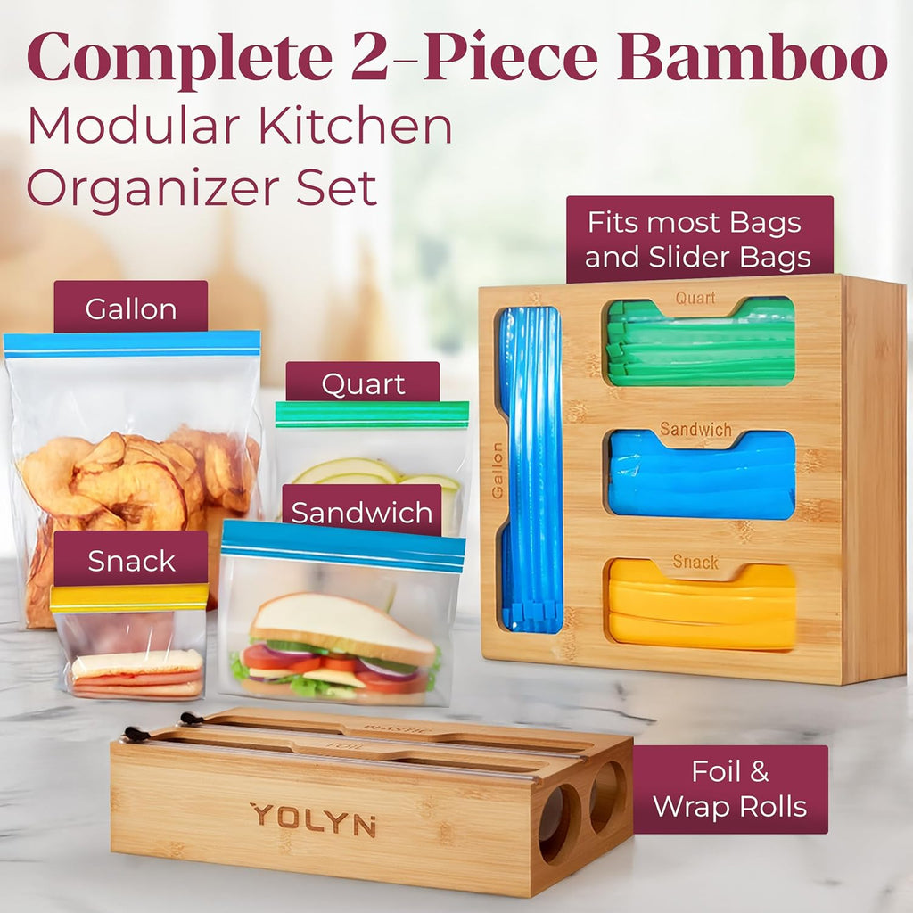 Bamboo Food Storage Bag Organizer for Drawer with Foil & Plastic Wrap Dispenser – 4 in 1 Premium Kitchen Drawer Organizer for Gallon, Quart & Sandwich Bags