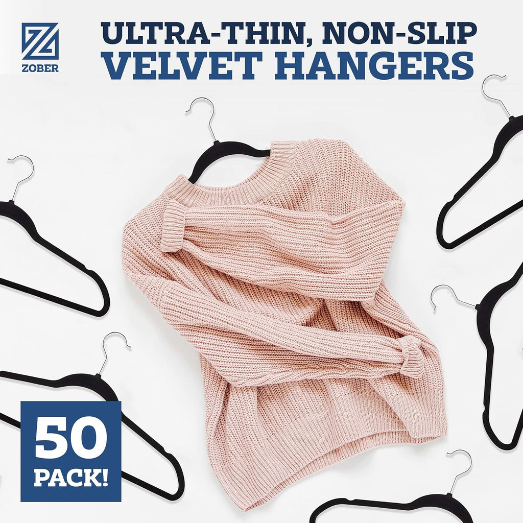 Black Velvet Hangers 50 Pack - Clothes Hangers, Coat Hanger for Pants & Dress Clothes - Non Slip W/ 360 Degree Swivel, Holds up to 10 Lbs - Strong Felt Hanger for Clothing