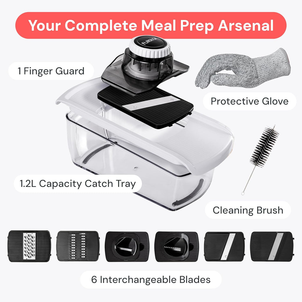 Mandoline Slicer for Kitchen, Fruit Cutter, Cheese Grater, Cucumber Slicer, Veggie Spiralizer, Food Cutter & Kitchen Gadgets & Gifts with Safety Glove (6 in 1, White)