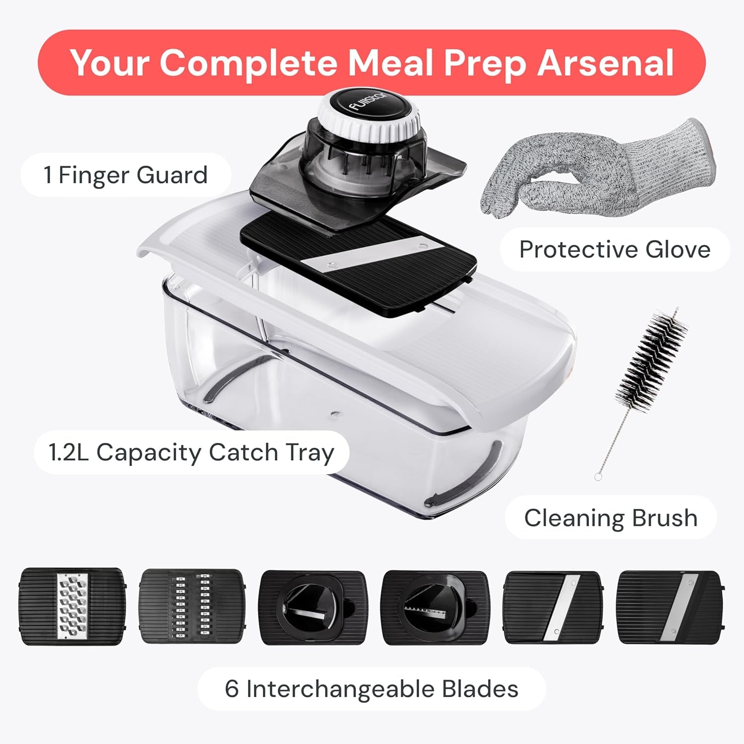 Mandoline Slicer for Kitchen, Fruit Cutter, Cheese Grater, Cucumber Slicer, Veggie Spiralizer, Food Cutter & Kitchen Gadgets & Gifts with Safety Glove (6 in 1, White)