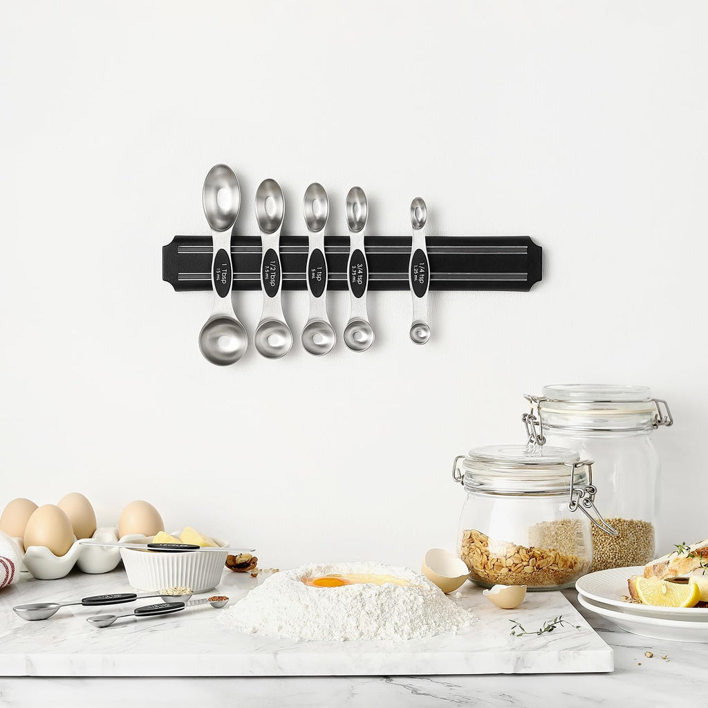 Stainless Steel Magnetic Measuring Spoons Set with Strong N45 Magnets, Heavy Duty Metal Kitchen Gadgets for Baking & Cooking, Fits in Most Kitchen Spice Jars, Set of 8 with Leveler, Black