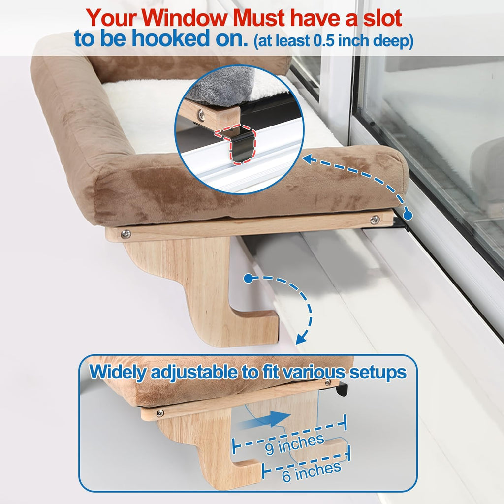 Cat Perch for Window Sill with Bolster - Orthopedic Hammock Design with Premium Hardwood & Robust Metal Frame - Cat Window Seat for Large Cats and Kittens - Natural Color Wood Gray Bed, 24''W