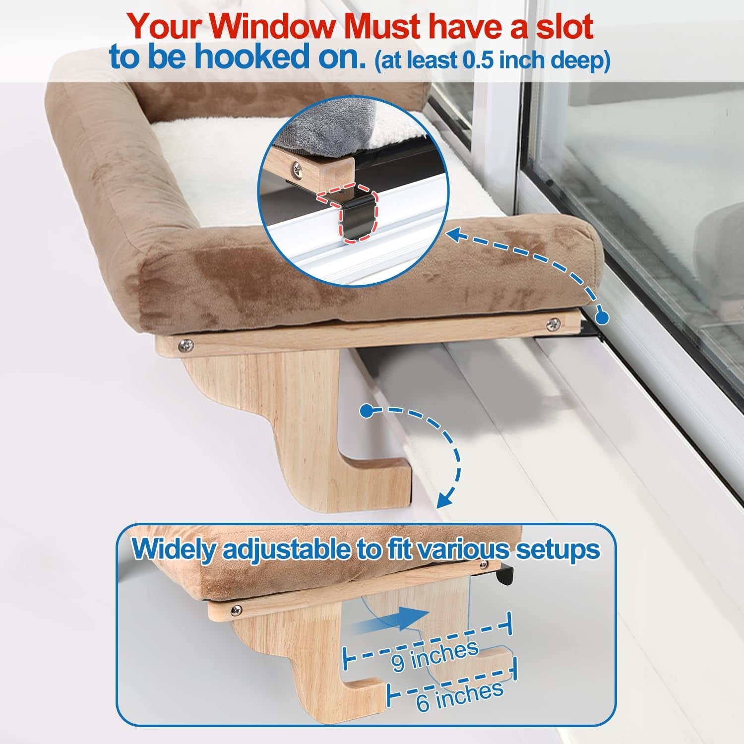Cat Perch for Window Sill with Bolster - Orthopedic Hammock Design with Premium Hardwood & Robust Metal Frame - Cat Window Seat for Large Cats and Kittens - Natural Color Wood Gray Bed, 24''W