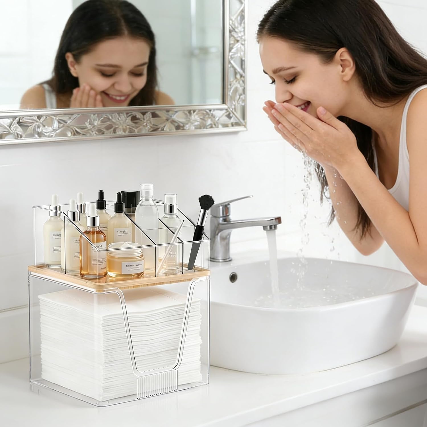 2 in 1 Disposable Facial Towel Holder and Cosmetic Organizer, Clear Storage with Bamboo Lid Compatible with Clean Skin Club Towel XL, Stackable Vanity Organizer for Bathroom Vanity Counter (1 Pack)