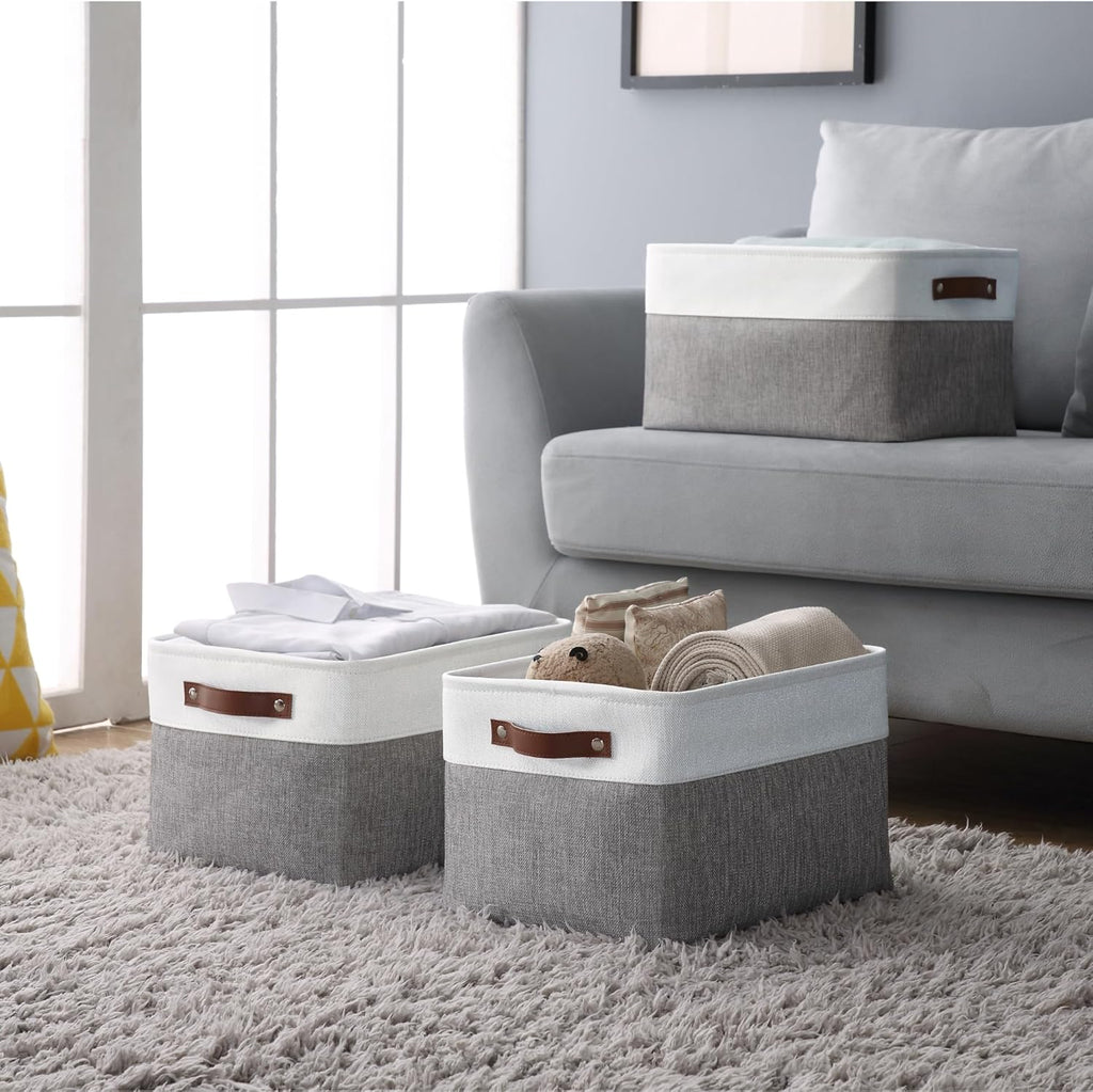Storage Bins, Large Fabric Storage Baskets for Shelves, Decorative Linen Closet Organizer, 15 X 11 X 9.5 Inches (Grey & White, 3 Pack)