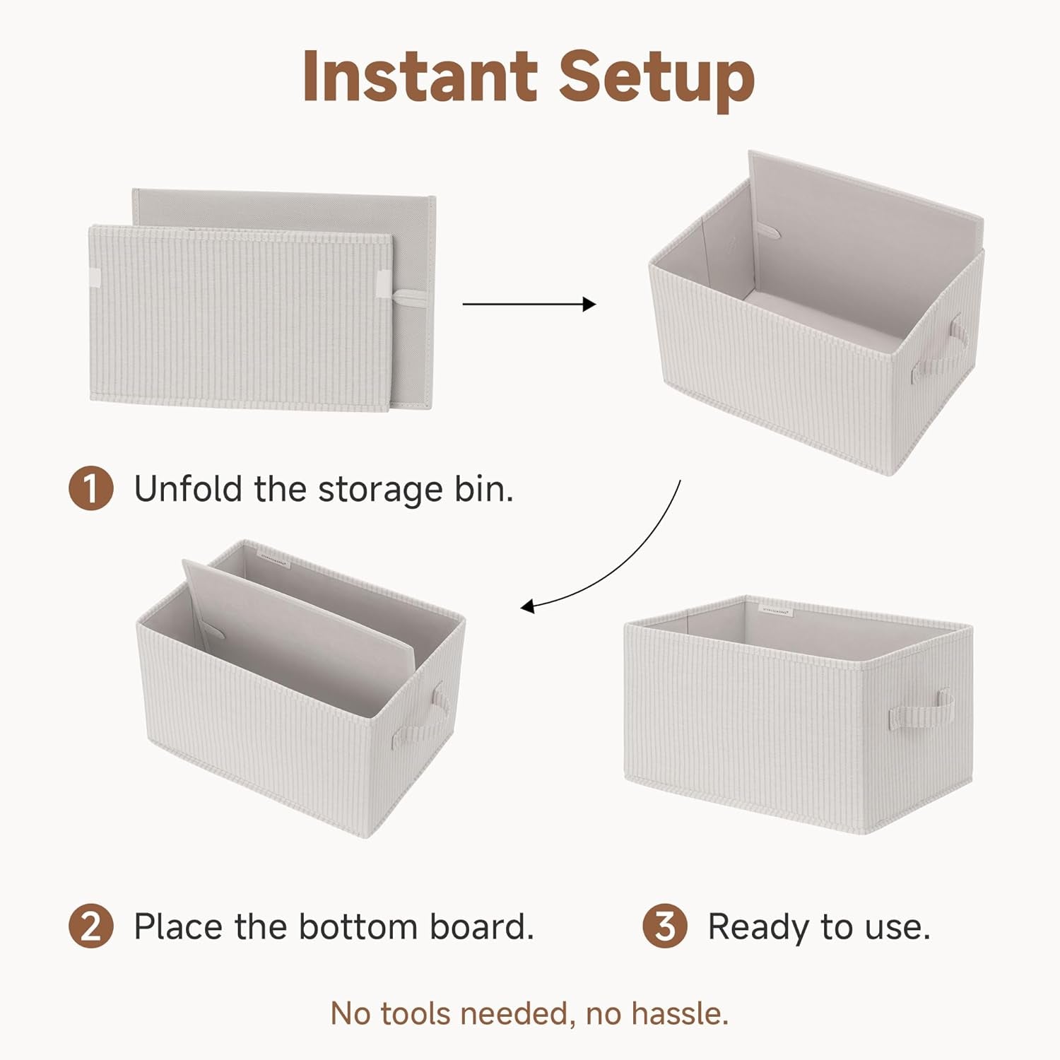 Foldable Shelf Organizer Bins, Closet Storage Baskets for Clothes, Fabric Storage Bins for Shelves, Beige Stripes, 3-Pack, Large