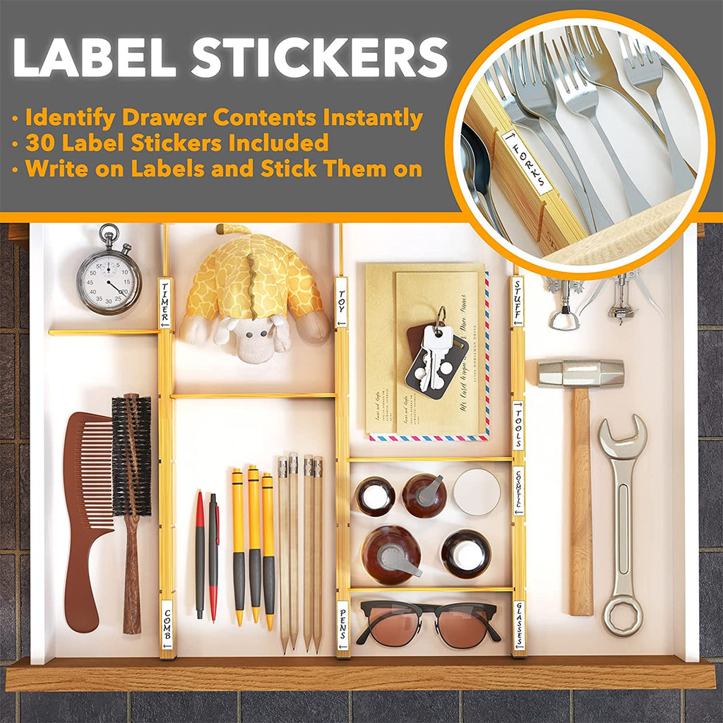 Bamboo Drawer Dividers with Inserts and Labels, Kitchen Adjustable Drawer Organizers, Expandable Organization for Home, Office, Dressers, 4 Dividers with 9 Inserts (17"-22" Natural)