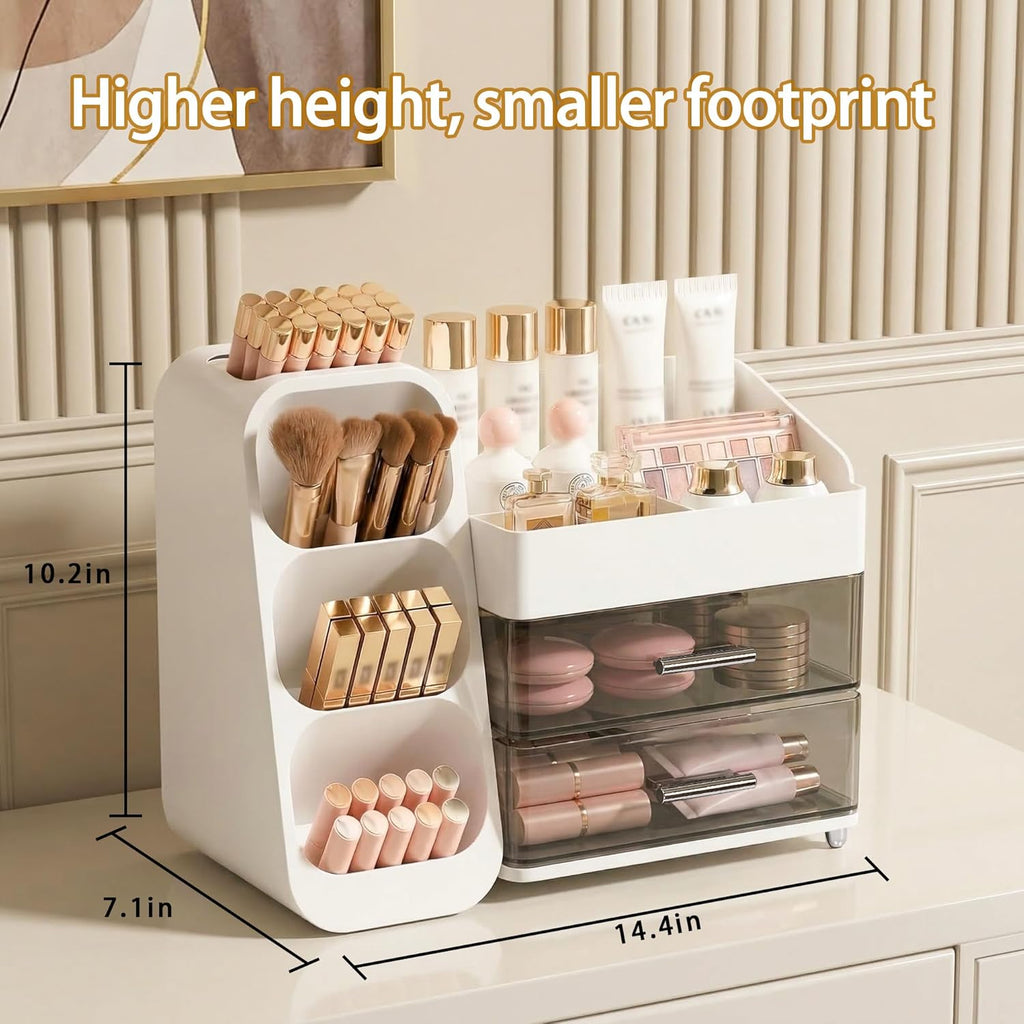Large Capacity Makeup Organizer Countertop with Makeup Brush Holder for Vanity, Thickened Material, Bathroom Countertop Organizer Skin Care Perfumes Storage, Teen Girl Gifts for 12-23 Year（White）