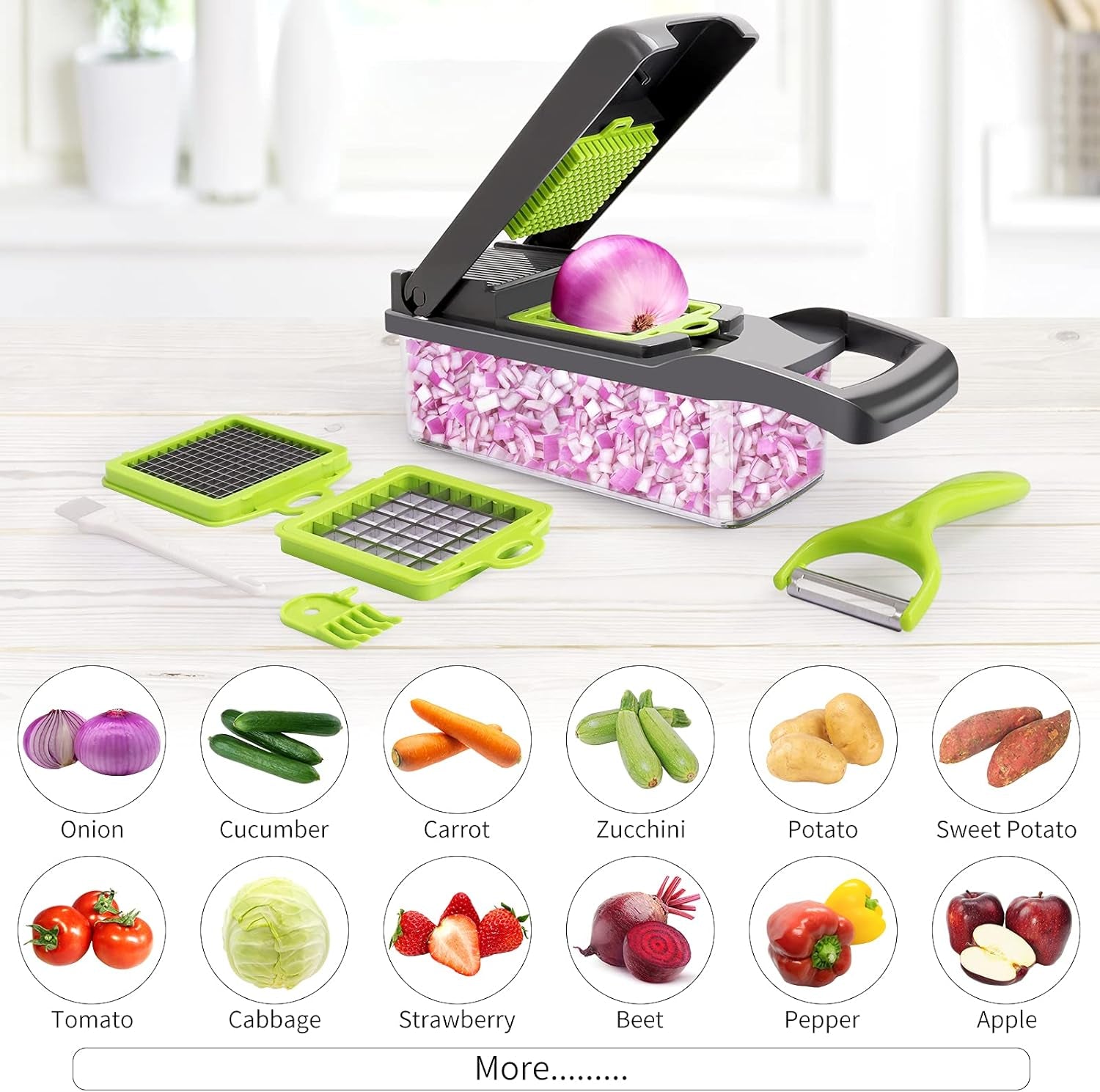 Vegetable Chopper, Multifunctional 13-In-1 Food Choppers Onion Chopper Vegetable Slicer Cutter Dicer Veggie Chopper with 8 Blades,Colander Basket,Container for Salad Potato Carrot Garlic