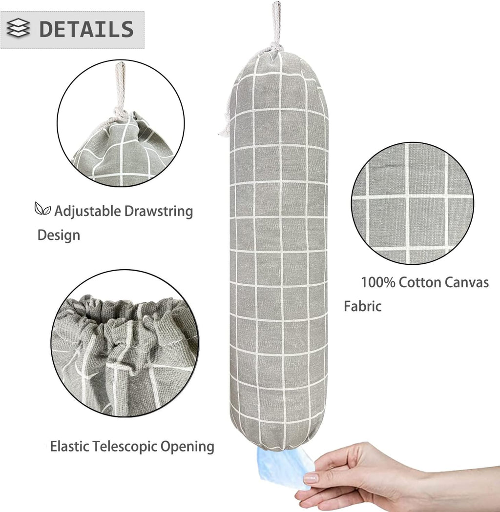 Plastic Bag Holder, Wall Mount Organizer, Shopping Bags Carrier, Washable Large Grocery Storage Dispenser For Home Kitchen Travelling, Free Adjustment with Drawstring (Check Gray)